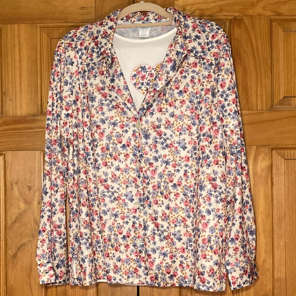 NWOT Haband Top Long Sleeve & Short Sleeve Blouse 2-Piece Set Cream Pink Size L